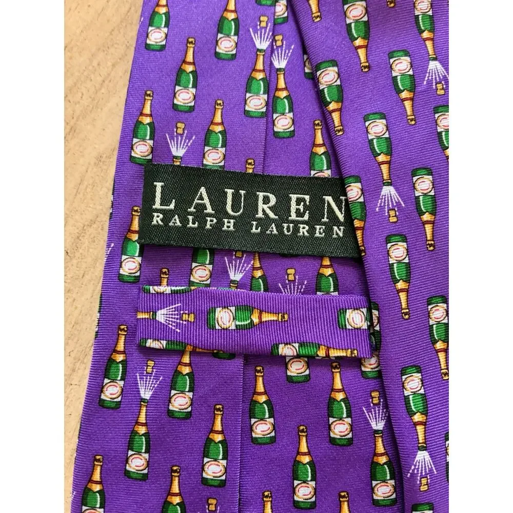 VTG Ralph Lauren Purple Champagne Bottle Necktie 100% Silk Novelty Tie